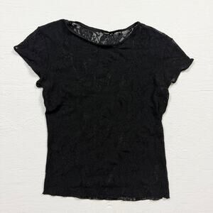 Y2K Black Stretch Lace Sheer Fitted Short Sleeve Top, Size Large